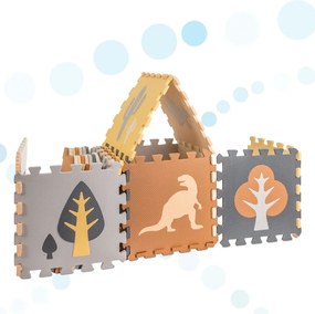 KIK Penová puzzle podložka a ohrádka pre deti, dinosaury, hnedá, 143 x 143 cm