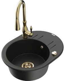 Mexen Kevin, granitový drez 586x458x190 mm, 1-komorový a drezová batéria Savita, čierna-zlatá metalíza, 6517-75-672601-50