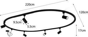 Moderný koľajnicový systém s 8 čiernymi bodovými svetlami, 1-fázový, oválny, 200 cm - Iconic Jeana