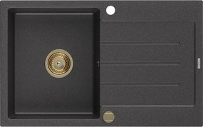 Mexen Bruno, granitový drez 795x495x200 mm, 1-komorový, čierna škvrnitá so zlatým sifónom, 6513791010-76-G
