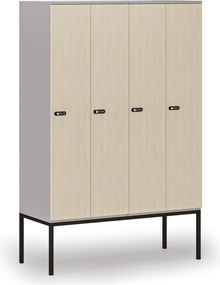 Drevená šatníková skrinka S4 s podnožou, 4 oddiely, 1871 x 1200 x 500 mm, demont, mechanický kódový zámok, sivá/breza