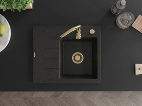 Mexen Ben, 1-komorový granitový drez 600x500x190 mm, pravý + zlatý sifón, čierna-zlatá metalíza, 6523605000-75-G