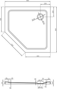 Mexen Flat, päťuholníková sprchová vanička slim 90 x 90 cm, čierna, + syfon chrómový - 41P709090