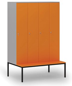 Drevená šatníková skrinka S4 s lavičkou, 4 oddiely, 1871 x 1200 x 500/800 mm, demont, cylindrický zámok, sivá/oranžová