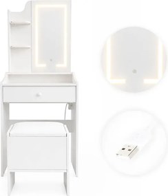 Kozmetický toaletný stolík so zrkadlom a LED osvetlením, 3 farby, police, zásuvka, taburetka,