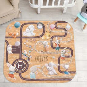 Detský koberec z korku - Akvarelové zvieratká, cesta a koľajnice