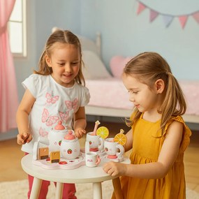 Drevený detský čajový set ECOTOYS – 14 dielov (jahody), pre deti 3+