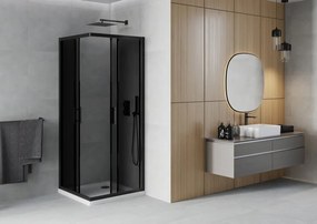 Mexen Rio, štvorcový sprchovací kút s posuvnými dverami 80(dvere) x 80(dvere) x 190 cm, 6mm šedé sklo, čierny profil + biela sprchová vanička SLIM, 860-080-080-70-40-4010B