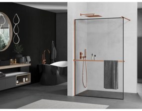 Mexen Kioto, sprchová zástena s poličkou a držiakom na uteráky 90 x 200 cm, 8mm číre sklo s čiernym rámom, profil ružové zlato, 800-090-121-60-70