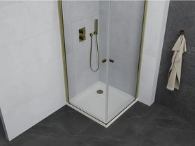 Mexen Pretoria Duo, sprchovací kút s 2-krídlovými dverami 90 (dvere) x 90 (dvere) cm, 6mm číre sklo, zlatý profil + slim sprchová vanička 5cm biela so zlatým sifónom, 852-090-090-50-02-4010G
