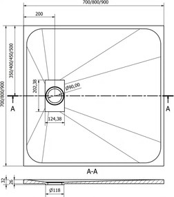Mexen Hugo, štvorcová sprchová vanička SMC 90 x 90 cm, biela, zlatá krytka, 42109090-G