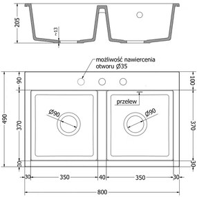 Mexen Hektor, 2-komorový granitový drez 800x480x205 mm, čierna-zlatá metalíza, zlatý sifón, 6521802000-75-G