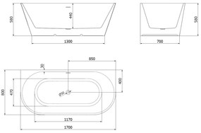 Mexen Oris, voľne stojaca ryhovaná vaňa 170 x 80 cm, biela-čierna, zlatý lesklý prepad, 52871708075-50