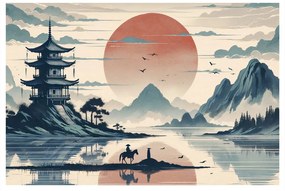 Obraz japonská krajina s jazdcom