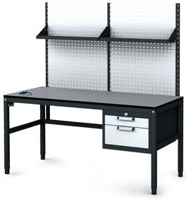 Alfa 3 Antistatický dielenský ESD stôl s perfopanelom a policami, 2 zásuvkový box na náradie, 1600x800x745-985 mm