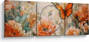 Obraz - Motýľ a kvety, olejomaľba (s hodinami) (90x30 cm)
