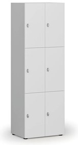 Drevená šatníková skrinka S4 s úložnými boxmi, 6 boxov, demont, otočný zámok, sivá/biela
