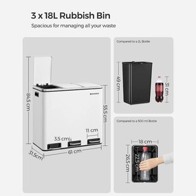 Kuchynský odpadkový kôš, 3 x 18 L, pedálový s 3 priehradkami, biely