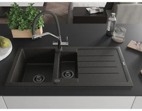 Mexen Andres, granitový drez 1000x500x200 mm, 1,5-komorový a drezová batéria Duo, čierna-zlatá metalíza, 6515-75-671701-07-B