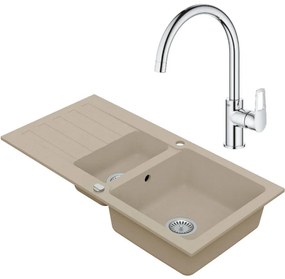 Vima Drezový set Grohe 3/A - Granitový drez 960x480 mm 1,5-sektora s odkvapkávacou plochou, piesková + Drezová batéria Grohe Bau Loop