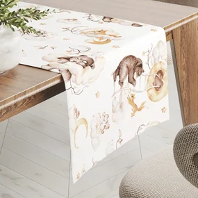 Biante Detský bavlnený behúň na stôl Sandra SA-456 Medvedíkovia zajačikovia a veveričky v oblakoch na bielom 45x140 cm