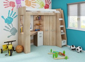 Rohová poschodová posteľ Alina (P) Sonoma + biela (s roštom). Vlastná spoľahlivá doprava až k Vám domov. 746406