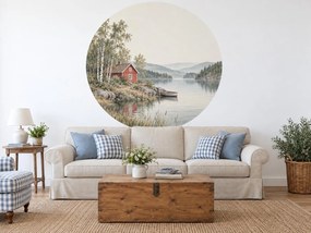 Červená chatka pod brezami kruhová akvarelová nálepka v škandinávskom štýle na stenu arch 46 x 46 cm