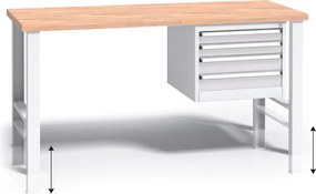 Výškovo nastaviteľný pracovný stôl do dielne G3 so závesným boxom na náradie, buková škárovka, 4 zásuvky, 1500 x 685 x 840 - 1050 mm, sivá