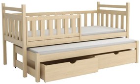 Detská posteľ z masívu borovice PROKOP s prístelkou a šuplíkmi - 200x90 cm - PRÍRODNÁ BOROVICA
