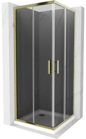 Mexen Rio, štvorcový sprchovací kút s posuvnými dverami 80(dvere) x 80(dvere) x 190 cm, 6mm šedé sklo, zlatý profil + biela sprchová vanička SLIM, 860-080-080-50-40-4010G