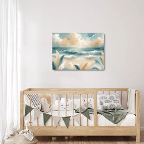 Sklenený obraz – Maľovaná pláž v jemných farbách (70x50 cm)