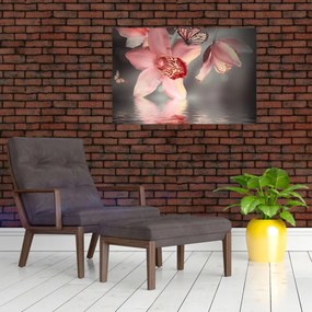 Obraz - Kvety a motýľ (90x60 cm)