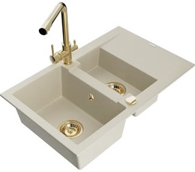 Mexen Gaspar, granitový drez 737x475x177 mm, 1,5-komorový, zlatá batéria Duero, béžová, 6507-69-671600-50
