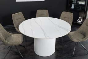 Jedálenský stôl UNIQUE 120 cm okrúhly s bielym rámom, keramickou doskou z bieleho mramoru