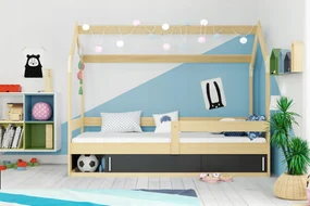 Interbeds BMS Group Domček detská posteľ Prírodná 80x160 s grafitová zásuvkou