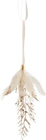 Závesná ozdoba vetvička so zlatými glitrami a bielymi pierkami - 8*2*18 cm