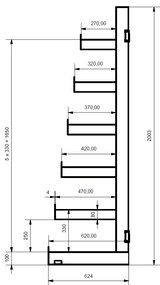 Konzolový regál, jednostranný, stromčekový, 2000 x 2700 x 624 mm, 6 poschodí