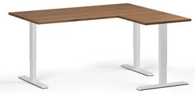 Rohový výškovo nastaviteľný stôl, 160x140 cm, 3 motory, L/P, biela podnož, orech