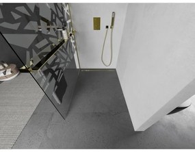 Mexen Kioto+, sprchová zástena s poličkou a držiakom na uteráky 130 x 200 cm, 8mm číre sklo vzor biely, zlatý profil, 800-130-121-50-85