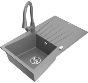 Mexen Cesar, 1-komorový granitový drez 775x470x190 mm a drezová batéria Elia, šedá, 6514-71-670101-71