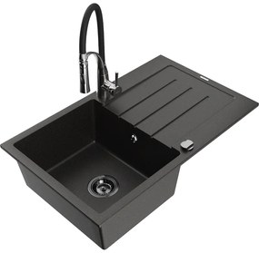 Mexen Bruno, 1-komorový granitový drez 795x495x200 mm a drezová batéria Aster, čierna-zlatá metalíza, 6513-75-73450-07-B