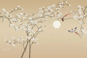 Nádherná samolepiaca tapeta konár stromu s vtáčikmi