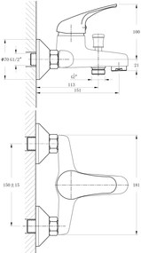 Bruckner Bruckner, HOFFER nástenná vaňová batéria, rozteč 150mm, chrómová, 424.010.1