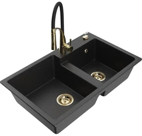 Mexen Tomas, 2-komorový granitový drez 800x500x190 mm a drezová batéria Aster, čierna-strieborná metalíza, 6516-73-73450-57-G