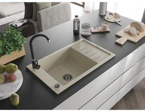 Mexen Elias, 1-komorový granitový drez s odkvapkávačom 795x480x200 mm a čierna matná kuchynská batéria Telma, béžová, 6511-69-670200-70
