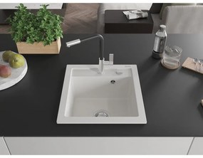 Mexen Vito, 1-komorový granitový drez 490x520x210 mm a drezová batéria Flora, biela, 6503-20-670401-07