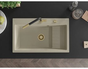 Mexen Omar, 1-komorový granitový drez 800x480x210 mm, béžový, zlatý sifón, 6520801005-69-G