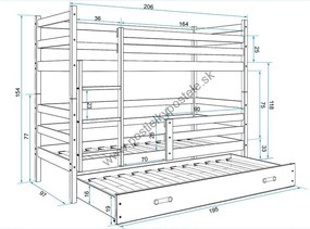 Poschodová posteľ s prístelkou ERIK 3 - 200x90cm Biely - Ružový