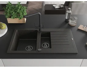 Mexen Matias, granitový drez 900x505x200 mm, 1,5-komorový a čierna batéria Duero, čierna-zlatá metalíza, 6502-75-671600-70-B