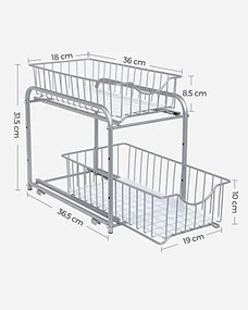 Organizér do kuchyne, 2 výsuvné košíky, stohovateľný, strieborný, 31,5x21x36,5cm